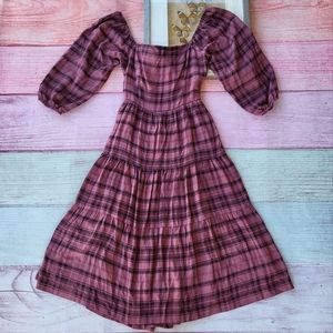 Purple Plaid Checkered Tie Back Cut Out Tiered Peasant CottageCore Midi Dress M